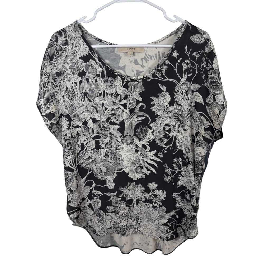 LOFT Blouse Sz S Black White Floral Mixed Media Dolman Sleeve Scoop Neck Top